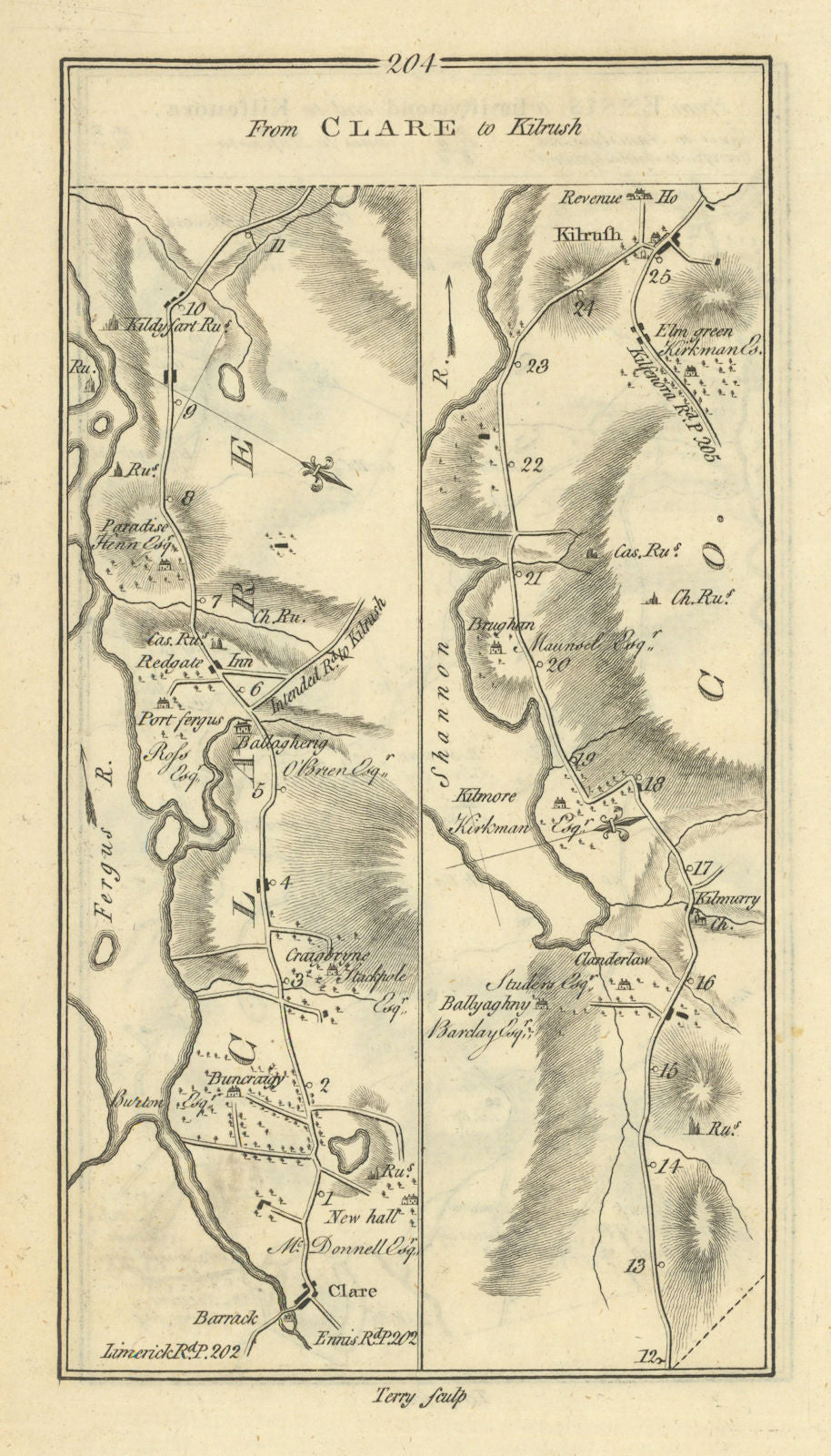 #204 From Clare to Kilrush. Claremorris Mayo. TAYLOR/SKINNER 1778 old map